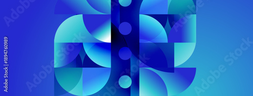 Abstract geometric composition. Blue shades dominate, creating modern visual experience. Shapes overlap, forming dynamic pattern.