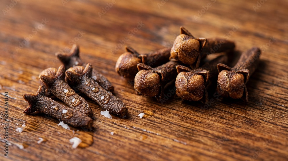Obraz premium Closeup of cloves and salt on wooden surface