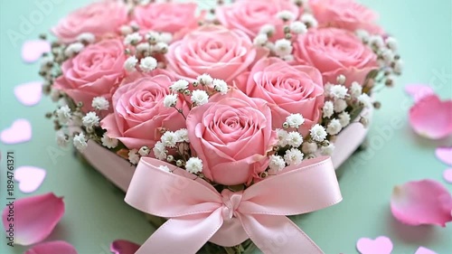 Pink roses heart arrangement with petals ribbon and copy space