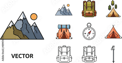 Collection of vector icons representing essential outdoor hiking and camping gear including mountains backpacks tents compasses and trekking poles