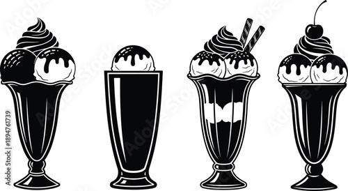 Set of black ice cream sundae silhouettes with whipped cream and cherries, cold summer dessert icons in glass bowls isolated on white background