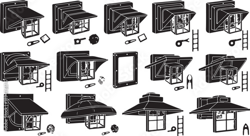 House Roof Construction and Repair Illustration Set in Black