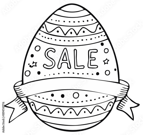 Easter egg with sale text and ribbon, festive vector illustration