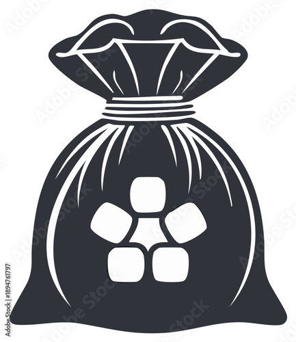 Stylized graphic representation of a dark money bag with a five-petal flower symbol