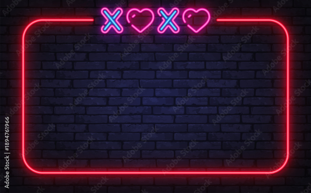 Fototapeta premium Neon XOXO frame with heart symbols on brick background. Bright contrast expresses dating choices, emotions, or decision concepts.