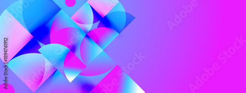Abstract shapes blend vibrant pinks, blues. Modern design creates dynamic visual impact, smooth gradients dominate composition.