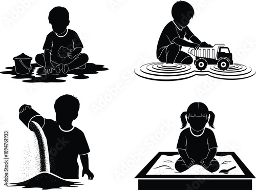 Set of children silhouettes playing in sandboxes and with toy trucks, kids sensory play activities, outdoor childhood fun for summer vacation posters