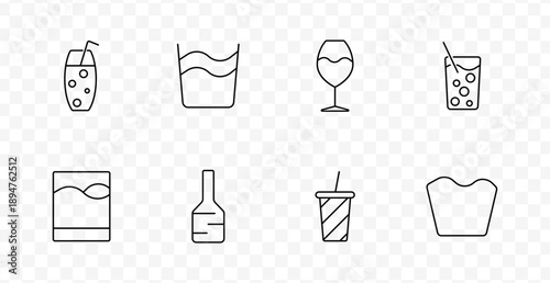 Drinkware and beverage set icon. Glasses, straws, bottles, liquid waves, and container shapes depict various cold or mixed drinks in outlined minimal form