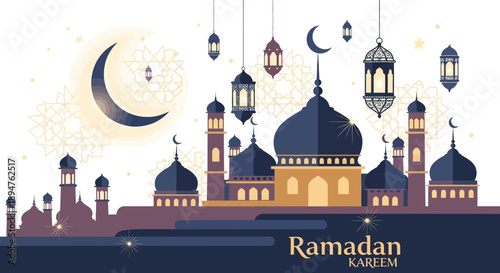 Wallpaper Mural Digital illustration of a mosque with a crescent moon and stars against a night sky with hanging lanterns and a 'Ramadan Kareem' greeting. Torontodigital.ca