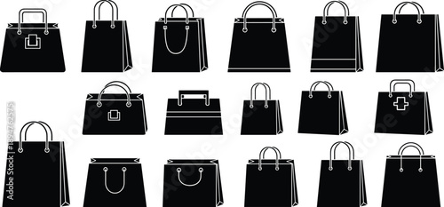 Shopping bag icon set, retail paper bags collection, ecommerce packaging silhouettes, fashion store symbols, minimalist black vector illustration