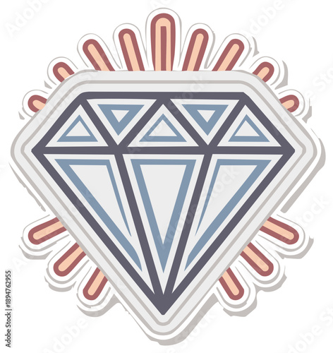 Diamond gem icon with rays illustration on sticker style
