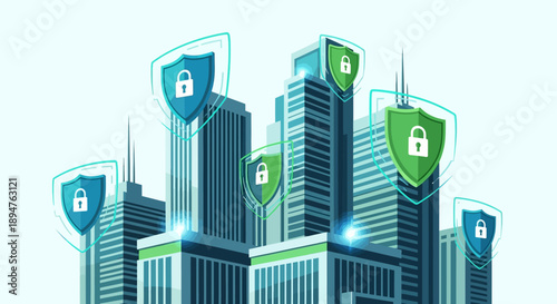 Illustration of a cityscape with skyscrapers and shields featuring locks, symbolizing cybersecurity and internet security in a modern urban setting with a focus on technology and