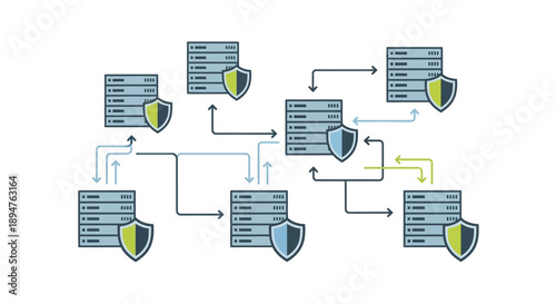 Vector illustration of a cybersecurity concept with interconnected system components, machines, and firewall protections in a technological network, representing internet security and
