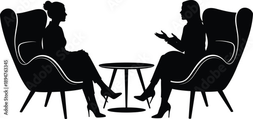 Silhouette of two women having conversation in armchairs, counseling or business meeting discussion concept, interview and therapy illustration isolated on white background
