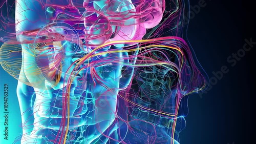 Neurological medical illustration mapping complete olfactory pathway from nasal receptors through cribriform plate to primary olfactory cortex, transparent brain overlay