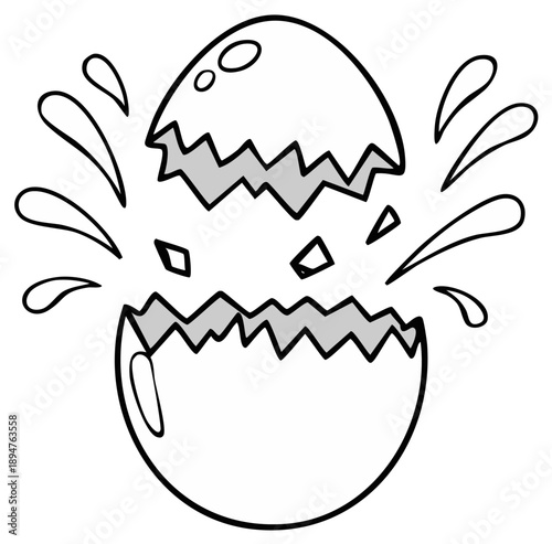 Dynamic cartoon illustration of a cracking egg breaking open with shell fragments and splashes