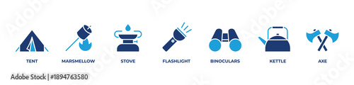 Camp Essentials  Icons set vector illustration with blue Tent, Marsmellow, Stove, Flashlight, Binoculars, Kettle, Axe