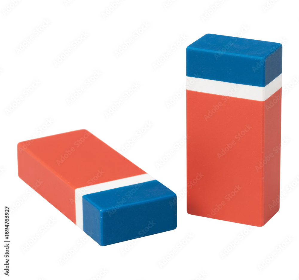 Fototapeta premium Two red and blue erasers isolated on a transparent background.