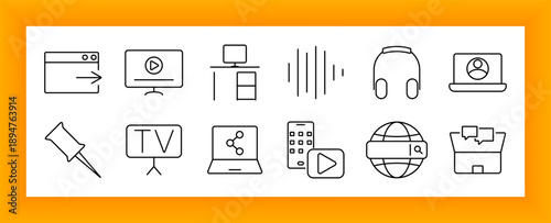 Media and web interface set icon. Video play, monitor, desk, audio wave, headphones, laptop profile, TV board, push pin, search globe, smartphone, package box, and connection map.