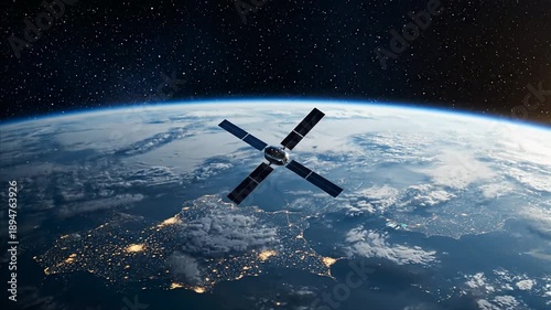 Satellite in orbit above earth globe with solar panels and city lights