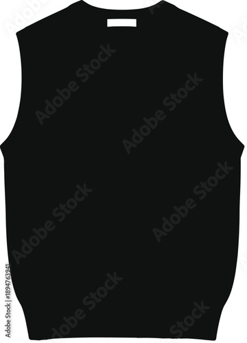 Sleeveless shirt silhouette illustration, black tank top apparel template, casual clothing design, fashion mockup element, minimalist garment shape, isolated vector