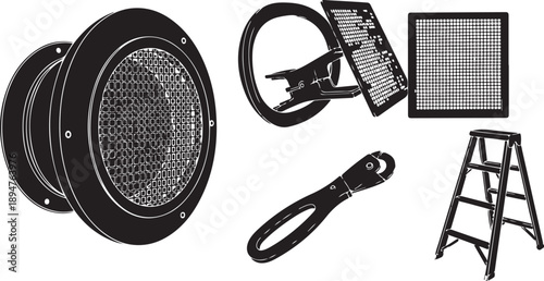 Black and white illustration of air filter and tools