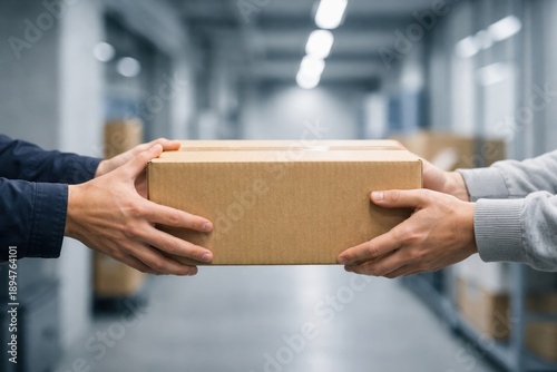 Close-up of hands exchanging a cardboard package in a modern logistics hub, symbolizing professional delivery, supply chain efficiency, trust, and modern business operations.