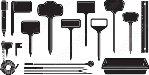Black and white illustration of various garden tools icons