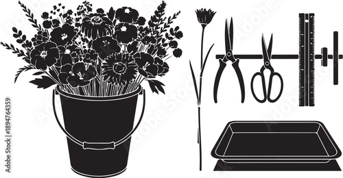 Floral arrangement tools and bucket of flowers illustration set