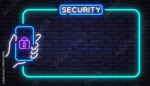 Neon security frame with smartphone and lock icon on dark brick wall. Futuristic glow emphasizes data protection, privacy, and digital safety concepts.