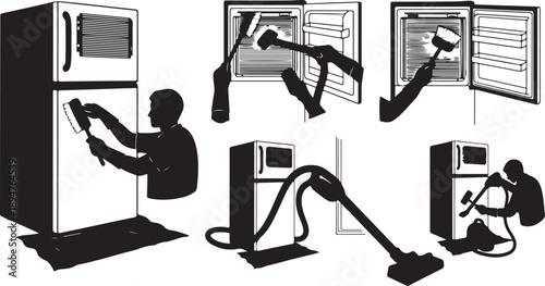 Silhouette of person cleaning various household appliances and windows
