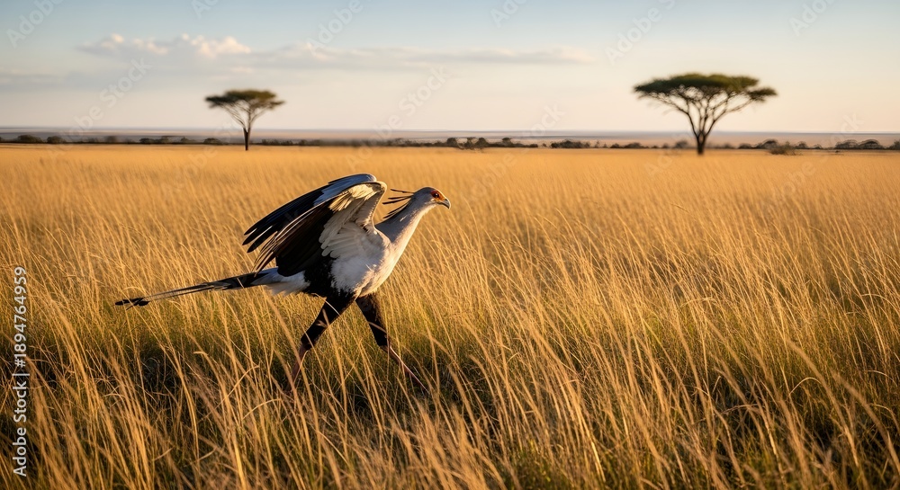 Obraz premium Secretary bird walking gracefully through tall grass, wings slightly open, African plains, cinematic wide shot, warm afternoon light, ultra realistic