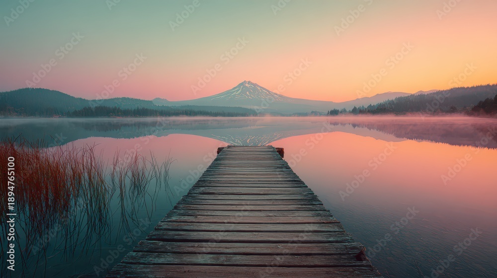 Fototapeta premium Golden hour by the water: serene mountain reflections with vintage film aesthetic