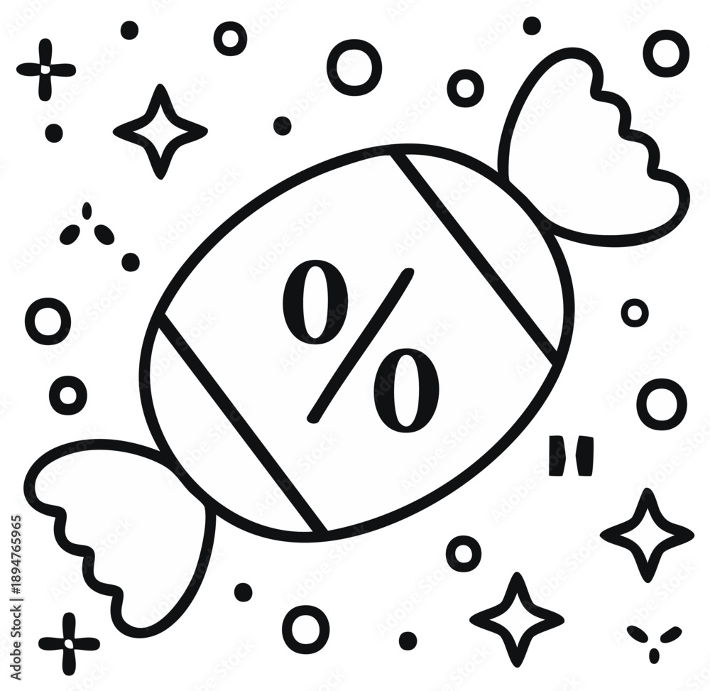 Obraz premium Discount candy with percentage symbol and decorative elements, black outline