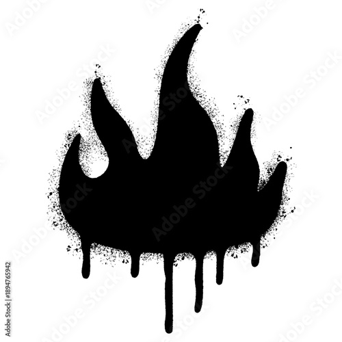 Black Spray Paint Flame Silhouette with Drip Effect on White Background.