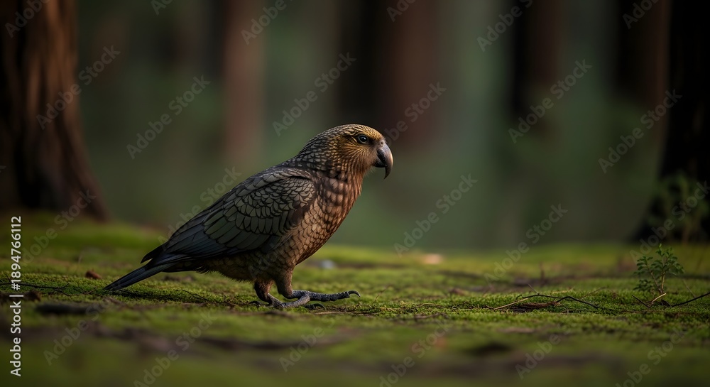 Obraz premium Kakapo parrot walking on forest floor at dusk, mossy ground, soft low light, peaceful natural scene, ultra realistic wildlife photography