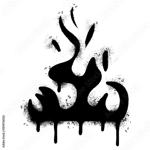 Black Spray Paint Flame Silhouette with Drip Effect on White Background.