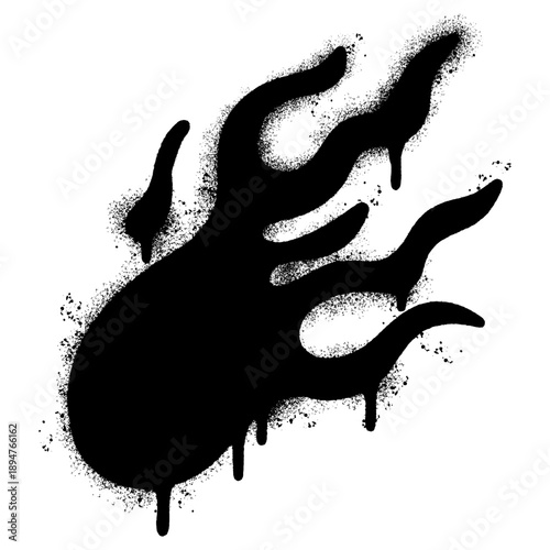 Black Spray Paint Flame Silhouette with Drip Effect on White Background.