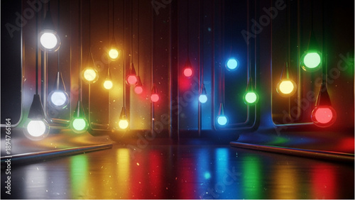 Vibrant multicolored lights suspended above a reflective surface creating a kaleidoscope effect