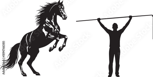 Silhouette of rearing horse and person with raised pole, capturing dramatic interaction, control, and energy in a bold black equestrian-themed artistic illustration.