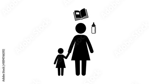 Mother and child with book and baby bottle icons.