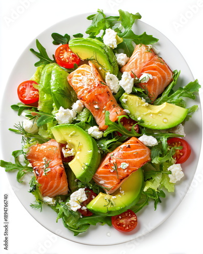 healthy food set salmon and avocado salad isolated on white background