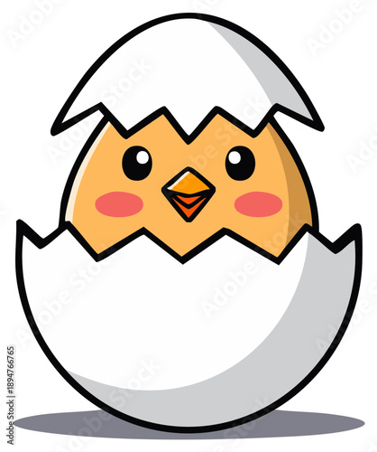 Adorable cartoon chick hatching from a cracked white egg with rosy cheeks