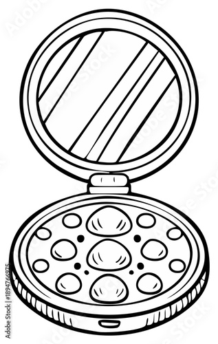 Open makeup compact with eyeshadow palette and mirror line art illustration for coloring