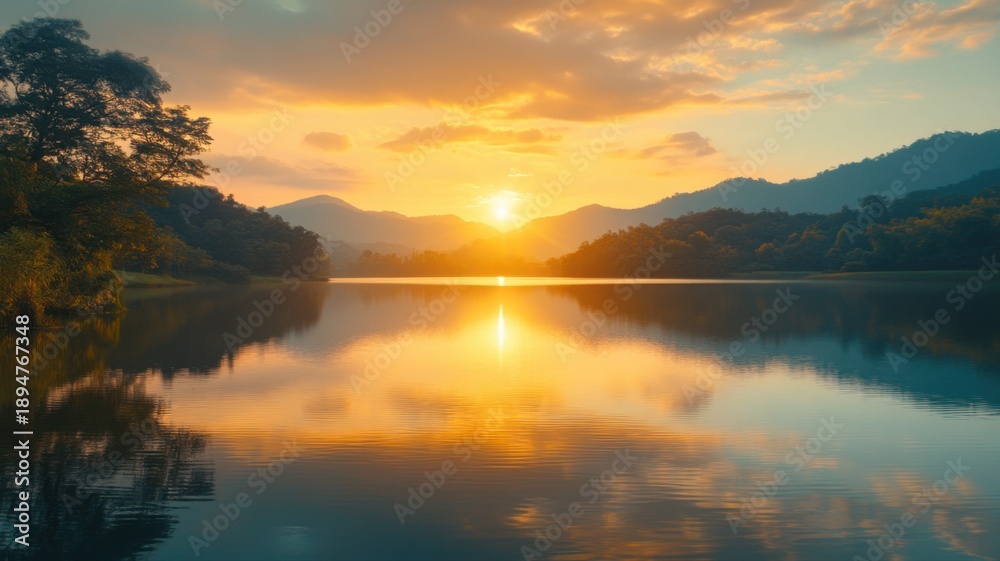 Obraz premium Golden Hour Reflection on Tranquil Mountain Lake at Sunset sunset lake reflection tranquil water sky
