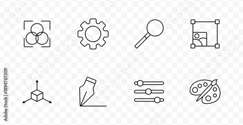 Graphic design toolset icon. Line icons include color model, gear, magnifier, crop tool, sliders, pen, palette, and 3D axes used in digital drawing and interface settings.