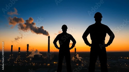 Silhouetted workers admiring industrial complex during sunset