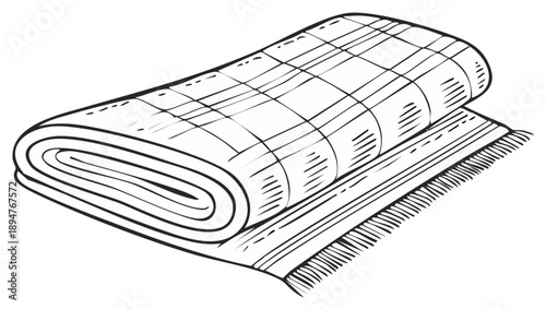 Rolled plaid blanket, illustration. Hand drawn rolled up blanket with fringe.