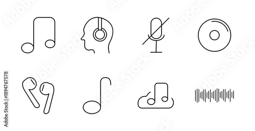 Music set icon. Note, headphones, mute mic, disc, earbuds, streaming, soundwave, cloud, listening, rhythm, song, audio, playback, melody, media, playlist.