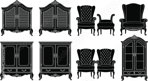 Vintage classic furniture silhouettes collection, elegant armchairs and wooden cabinets set, antique interior decor illustration isolated on white background